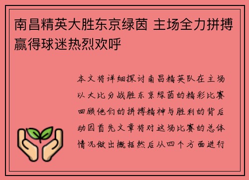 南昌精英大胜东京绿茵 主场全力拼搏赢得球迷热烈欢呼