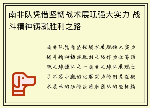 南非队凭借坚韧战术展现强大实力 战斗精神铸就胜利之路