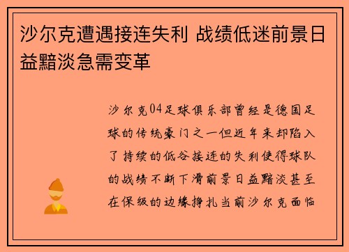 沙尔克遭遇接连失利 战绩低迷前景日益黯淡急需变革