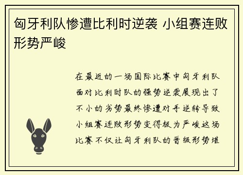 匈牙利队惨遭比利时逆袭 小组赛连败形势严峻